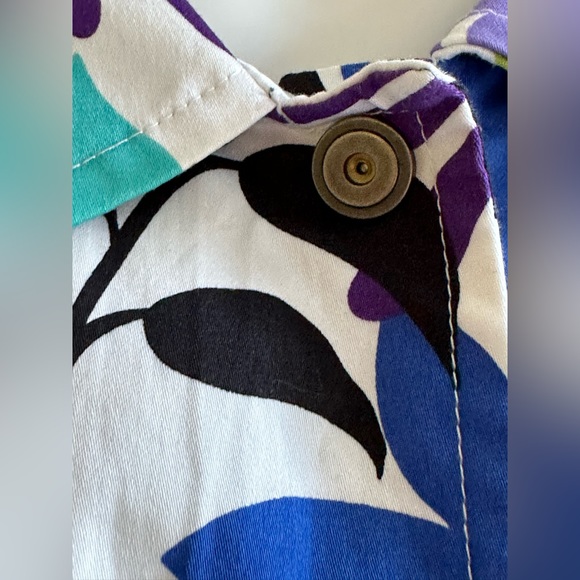 SUSAN GRAVER White W Purple Green Blues Floral Print Metal Buttons Jacket SZ 3X - Picture 2 of 13
